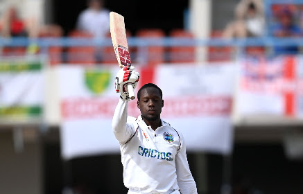 After reaching his second Test hundred, Nkrumah Bonner acknowledges applause at the Vivian Richards Cricket Stadium.