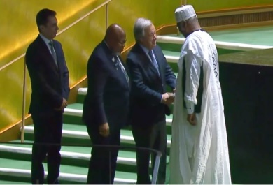 UNGA-new-president UNGA President Dennis Francis, UN Secretary-General António Guterres (centre) congratulate Philemon Yang of Cameroon, the President-elect of the 79th session of the UN General Assembly (UN Photo).