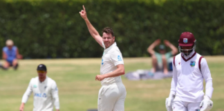 CRICKET-LEAD Duffy storms New Zealand to series victory as West Indies collapse. New Zealand fast bowler Jacob Duffy celebrating ODI series victory over West Indies.