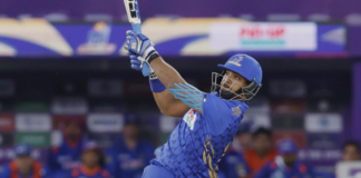 CRICKET-Pooran’s half-century powers Emirates past Giants Nicholas Pooran celebrating half-century in ILT20 cricket match.