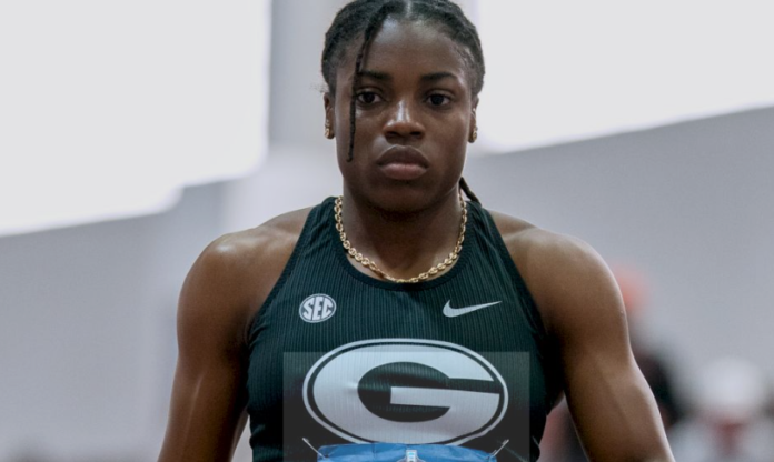 British Virgin Islands sprinter Adaejah Hodge in University of Georgia Bulldogs uniform after winning NCAA Indoor 200m title on March 14, 2026, just days before the Athletics Integrity Unit announced she was stripped of her 2024 World U20 Championships gold and silver medals for a doping violation
