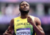 ATHLETICS-Thompson claims silver in men’s 60m. Jamaican sprinter Kishane Thompson celebrates after winning silver in the men's 60m final at the World Athletics Indoor Championships in Toruń, Poland, March 20, 2026, clocking a personal best of 6.45 seconds