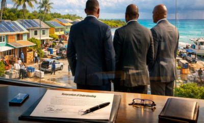 OECS-climate Representatives from the OECS Commission, CARICOM Secretariat, and German development agency GIZ shake hands at a technical planning meeting in February 2026, formalizing an MoU to advance circular economy and bio-waste solutions across five Caribbean Member States with EUR 14 million in funding from the German Federal Ministry for Economic Cooperation and Development (BMZ)