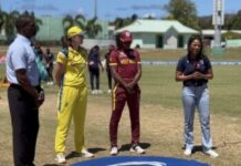 CRICKET-West Indies slapped with a fine for slow over-rate in the first ODI against Australia. West Indies captain Hayley Matthews speaks with match referee Reon King during the first Women's ODI against Australia at Warner Park in St Kitts on March 27, 2026, after her side was fined 10 percent of their match fee for being two overs short of the required rate