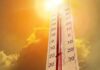 CARIBBEAN-CariCOF warns of heatwaves matching 2024 records. Weather map showing high temperatures across Caribbean with CariCOF warning logo