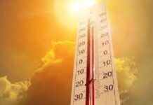 CARIBBEAN-CariCOF warns of heatwaves matching 2024 records. Weather map showing high temperatures across Caribbean with CariCOF warning logo