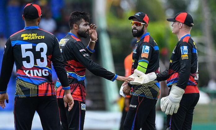 Imad Wasim (second left) celebrating one of his three wickets against the St Kitts and Nevis Patriots.