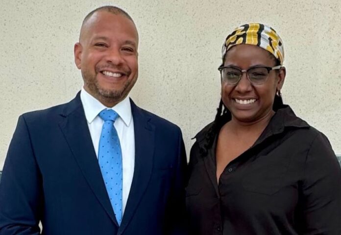 Ambassador-Matthew-Wilson-poses-with-the-new-Head-of-the-regional-office-of-the-Office-of-the-High-Commissioner-for-Human-Rights-Michelle-Brathwaite
