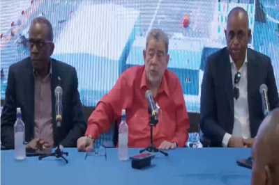 Gonsalves-and-Skerrit-and-Pip Three OECS leaders united at press conference supporting Grenada's sovereignty