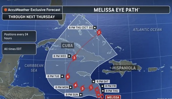 Jamaica Under Hurricane Watch, Life-Threatening Floods Forecast Satellite map showing hurricane approaching Jamaica with severe weather alerts