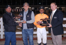 HORSERACING–Barbadian Bynoe and Keplin Jr. crowned first-time champions in ASD finale. Barbadian jockey Bynoe celebrates victory alongside Keplin Jr. after being crowned first-time champions at the ASD finale.