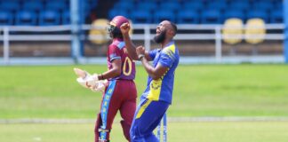 CRICKET-Magnificent Jordan fires Pride to comprehensive win over Hurricanes. Barbados Pride cricketer Chris Jordan celebrating CPL wicket.