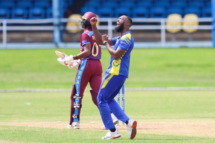 Barbados Pride cricketer Chris Jordan celebrating CPL wicket.