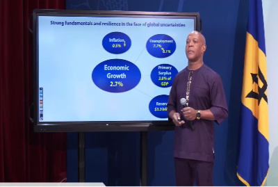 Greenidge-2025-barbados Barbados Central Bank officials presenting economic forecast charts