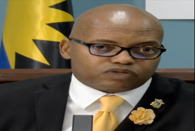 Merchant-ANU Antigua government officials defending Housing Minister at press conference.