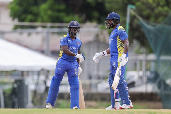Barbados Pride, Trinidad & Tobago Red Force, and Windward Islands Volcanoes cricketers in Super50 Cup match action.