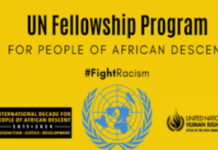 CARIBBEAN-Two caribbean nationals selected for the United Nations Fellowship Programme for People of African Descent. Two Caribbean fellowship recipients at United Nations ceremony with official delegates