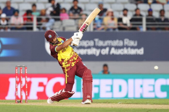 WIvs-NZ West Indies batsmen Hope and Chase celebrating victory at Eden Park