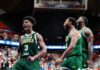 BASKETBALL-Jamaica storms San Juan, completes historic sweep of Puerto Rico. Jamaica national basketball team celebrating historic victory over Puerto Rico.