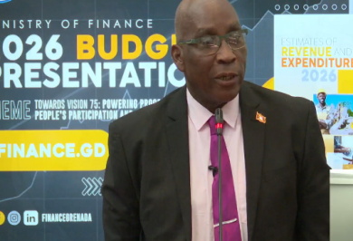Cornwall-budget-2026 Grenada Finance Minister presenting annual budget in Parliament.
