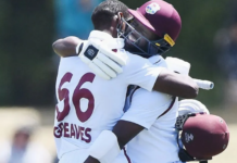 CRICKET-LEAD Heroics by Greaves, Roach earn Windies historic draw against Kiwis. West Indies cricketers Justin Greaves and Kemar Roach celebrating Test match draw.