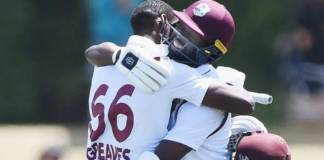CRICKET-LEAD Heroics by Greaves, Roach earn Windies historic draw against Kiwis. West Indies cricketers Justin Greaves and Kemar Roach celebrating Test match draw.
