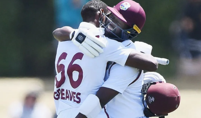 Greaves-and-Roach-1 West Indies cricketers Justin Greaves and Kemar Roach celebrating Test match draw.