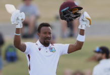 CRICKET-Hodge’s dogged century leads WI resistance against New Zealand. West Indies batsman Kavem Hodge celebrating Test century against New Zealand.