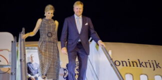 SURINAME-King Willem Alexander arrives for a day state visit. King Willem-Alexander of the Netherlands greeted by Surinamese officials at airport