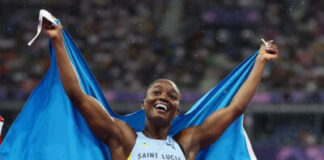SPORTS-Alfred and Auguste headline Saint Lucia National Sports Awards Olympic champion Julien Alfred and cricketer Ackeem Auguste hold trophies at Saint Lucia National Sports Awards ceremony