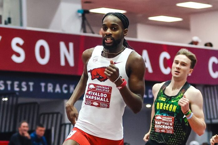 Rivaldo-Marshall University of Arkansas senior Rivaldo Marshall wins gold and sets new Jamaican national indoor 800m record of 1:45.62 at Arkansas Qualifier at Randal Tyson Track Center in Fayetteville February 20 2026