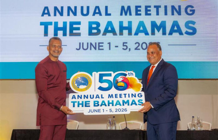 Caribbean Development Bank President Daniel Best and Bahamas Economic Affairs Minister Michael Halkitis at the Grand Hyatt Baha Mar in Nassau on March 19, 2026, launching the 56th Annual Meeting scheduled for June 1-5, 2026