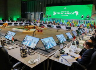 CARIBBEAN-St. Vincent and Guyana leaders address the CELAC summit. St Vincent Prime Minister Godwin Friday and Guyana Prime Minister Mark Phillips address the X CELAC Summit at the Agora Convention Center in Bogota Colombia on March 21 2026 calling for an end to the US embargo on Cuba and emphasizing regional unity climate action and South-South cooperation