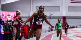 ATHLETICS-Hodge storms to NCAA glory. Adaejah Hodge of the University of Georgia celebrates after winning the women's 200m final at the NCAA Indoor Championships with a blistering time of 22.22 seconds, setting a school, facility, and British Virgin Islands national record