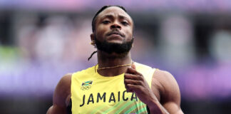 ATHLETICS-Thompson claims silver in men’s 60m. Jamaican sprinter Kishane Thompson celebrates after winning silver in the men's 60m final at the World Athletics Indoor Championships in Toruń, Poland, March 20, 2026, clocking a personal best of 6.45 seconds