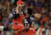 CRICKET-Shepherd grabs three wickets as RCB begin title defense in winning fashion. West Indies all-rounder Romario Shepherd celebrates after taking three wickets for Royal Challengers Bengaluru during the IPL 2026 opener against Sunrisers Hyderabad at M Chinnaswamy Stadium on March 28, 2026, finishing with figures of 3-54