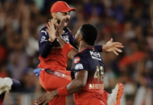 CRICKET-Shepherd grabs three wickets as RCB begin title defense in winning fashion. West Indies all-rounder Romario Shepherd celebrates after taking three wickets for Royal Challengers Bengaluru during the IPL 2026 opener against Sunrisers Hyderabad at M Chinnaswamy Stadium on March 28, 2026, finishing with figures of 3-54