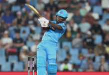 CRICKET-Rutherford gets £100, 000 payday with MI London. West Indies batsman Sherfane Rutherford celebrates after being snapped up by MI London for £100,000 in the inaugural Hundred auction at London's Piccadilly Lights on March 12 2026