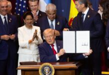 CARIBBEAN-TRINIDAD and Guyana join the Americas Counter Cartel Coalition. Trinidad and Tobago Prime Minister Kamla Persad-Bissessar holds the pen used by US President Donald Trump to sign the Doral Charter, officially launching the Americas Counter Cartel Coalition at the Shield of the Americas Summit in Doral, Florida, on March 7, 2026, with Guyana Prime Minister Brigadier Mark Phillips and leaders from 15 other nations present