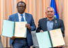 CARIBBEAN-Belize and Guyana sign MoU covering forest conservation and climate resilience. Belize Minister Orlando Habet and Guyana Foreign Minister Hugh Todd shake hands at the signing ceremony in Georgetown, Guyana, on March 27, 2026, after signing a Memorandum of Understanding to strengthen cooperation in forest conservation, biodiversity protection, and climate resilience