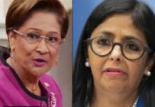 TRINIDAD-Trinidad and Tobago recognizes Venezuela’s Acting President. Trinidad and Tobago foreign minister shaking hands with Venezuela's Acting President