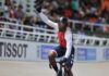 CYCLING-Paul grabs bronze in keirin at Track World Cup. Paul celebrating on podium with bronze medal after keirin final at Track World Cup