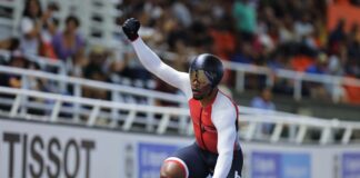 CYCLING-Paul grabs bronze in keirin at Track World Cup. Paul celebrating on podium with bronze medal after keirin final at Track World Cup