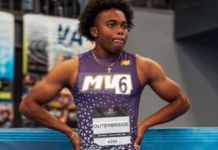 ATHLETICS-Outerbridge, Douglas dominate sprint titles. Outerbridge and Douglas celebrating with gold medals after sprint wins