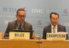BELIZE-Belize concludes fourth WTO trade policy review. Belize trade officials at WTO meeting with policy documents on display