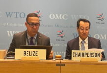 BELIZE-Belize concludes fourth WTO trade policy review. Belize trade officials at WTO meeting with policy documents on display