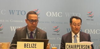 BELIZE-Belize concludes fourth WTO trade policy review. Belize trade officials at WTO meeting with policy documents on display