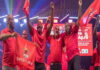 URGENT ANTIGUA-ABLP retains government heading for commanding victory. ABLP supporters celebrating at party headquarters with early election results screen