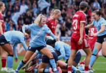 FOOTBALL-Shaw off target, but Man City one win away from WSL title. Bunny Shaw reacting after missed shot as Man City players celebrate late win