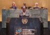 Barbados reiterates its commitment to orderly migration. Barbados foreign minister at UN podium discussing migration policies